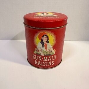 Vintage Sun-Maid Raisins Red Metal Recipe Tin Canister Advertising 1992 Kitchen